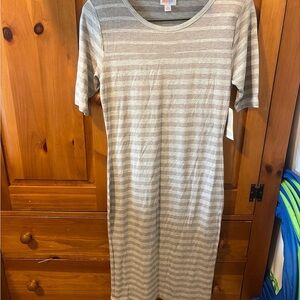 LuLaRoe Gray and White Striped Midi Dress